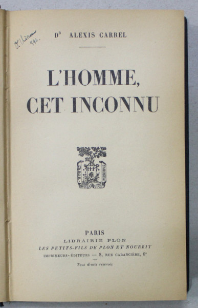 L 'HOMME , CET INCONNU par Dr. ALEXIS CARREL , 1935