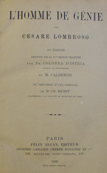 L ' HOMME DE GENIE par CESARE LOMBROSO , 1909