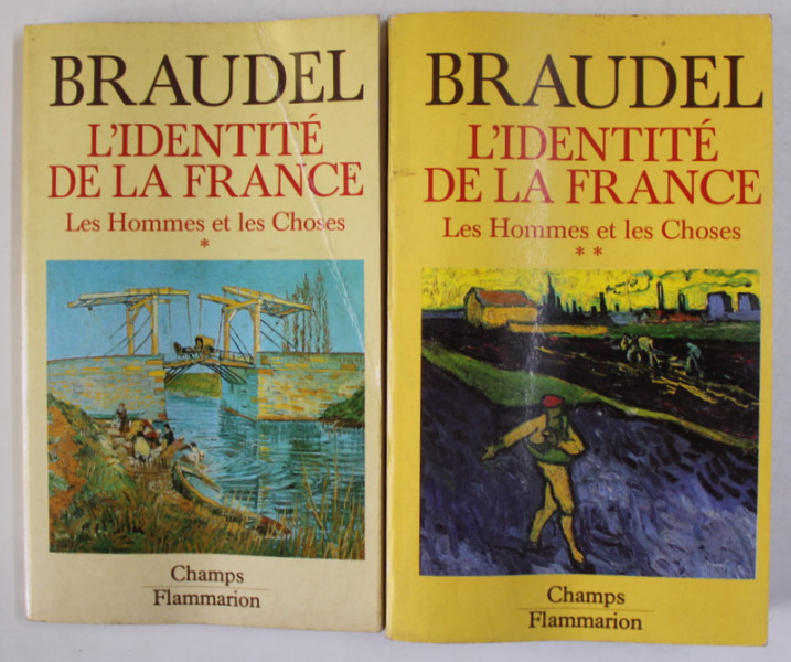 L 'IDENTITE DE LA FRANCE , LES HOMMES ET LES CHOSES par BRAUDEL , DEUX VOLUMES  1990 , COPERTA CU URME DE INDOIRE