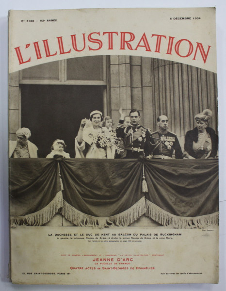 L ' ILLUSTRATION , No. 4788 ,  LA DUCHESSE ET LE DUC DE KENT AU BALCON DU PALAIS DE BUCKINGHAM ,  8 DECEMBRE  , 1934