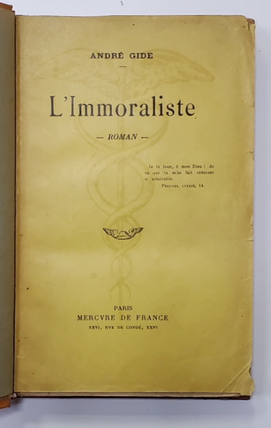L 'IMMORALISTE - roman par ANDRE GIDE , 1924