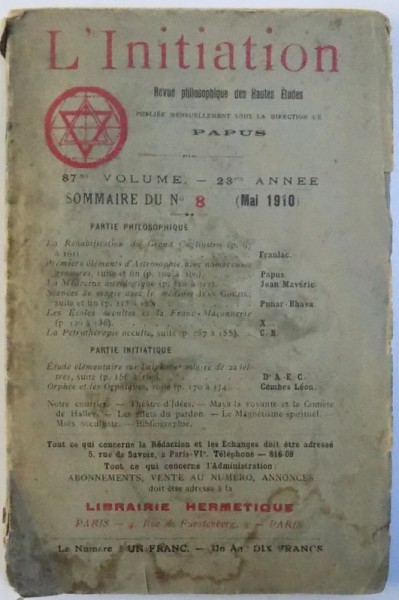 L' INIATION  -REVUE PHILOSOPHIQUE DES HAUTES ETUDES ,  sous la direction de PAPUS , nr. 8 , mai 1910