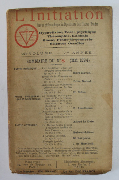 L 'INITIATION , REVUE PHILOSOPHIQUE INDEPENDENTE DES HAUTES ETUDES  : HYPNOTISME... KABBALE...FRANC- MACONERIE , SCIENCES OCULTES , NR. 8 , MAI 1894