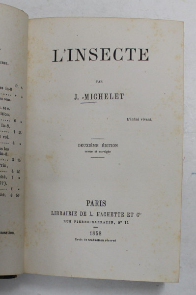 L 'INSECTE par J. MICHELET , 1858