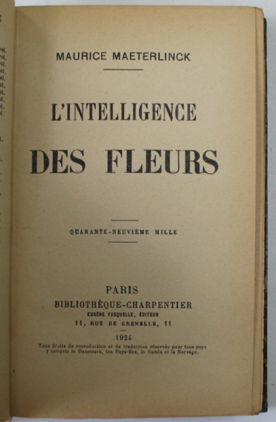 L 'INTELLIGENCE DES FLEURS par MAURICE MAETERLINCK , 1924
