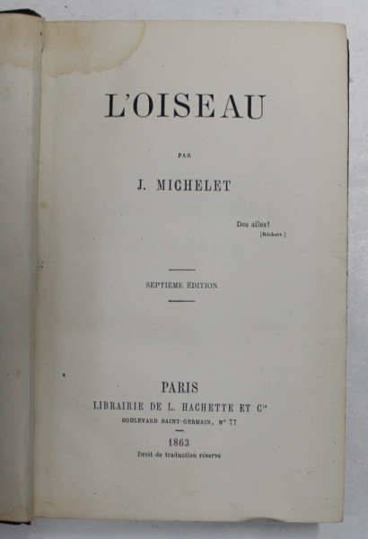L 'OISEAUX par J. MICHELET , 1863
