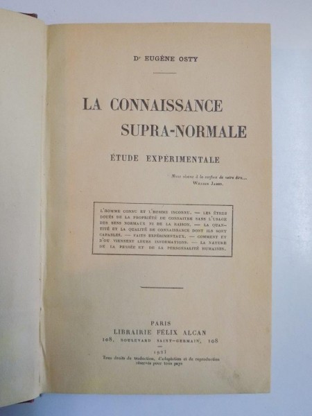 LA CONNAISSANCE SUPRA-NORMALE. ETUDE EXPERIMENTALE par EUGENE OSTY  1923