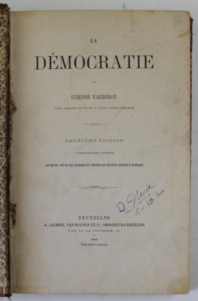 LA DEMOCRATIE par ETIENNE VACHEROT , 1860