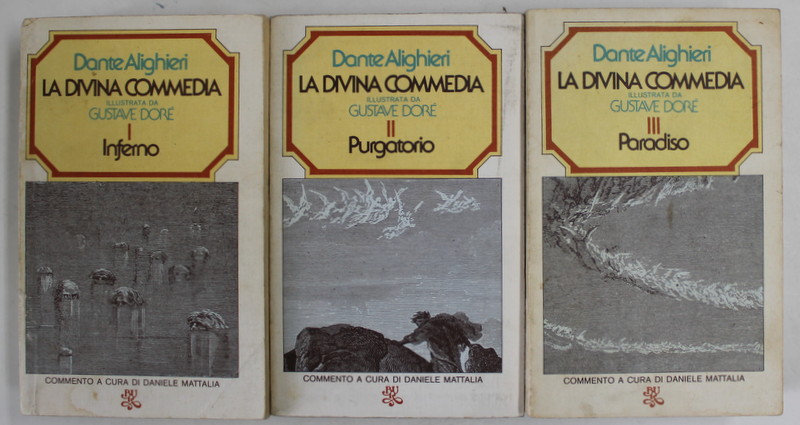 LA DIVINA COMMEDIA ( INFERNO , PURGATORIO , PARADISO ) , VOLUMI I - III di DANTE ALIGHIERI , ilustrata di GUSTAVE DORE , 1960 *TEXT IN LIMBA ITALIANA , *MICI DEFECTE COTOR
