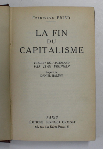 LA FIN DU CAPITALISME par FERDINAND FRIED , 1932