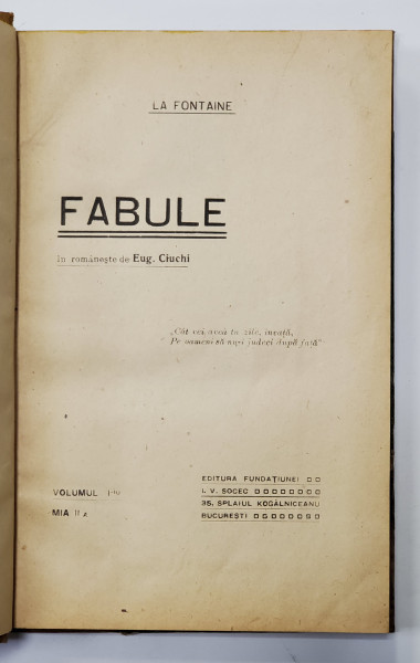La Fontaine, Fabule, 2 vol., traducere de Eug. Ciuchi - Bucuresti