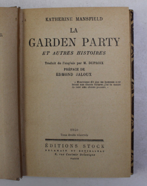 LA GARDEN PARTY par KATHERINE MANSFIELD , 1940