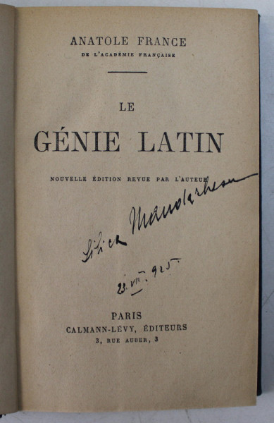 LA GENIE LATINE par ANATOLE FRANCE , 1924