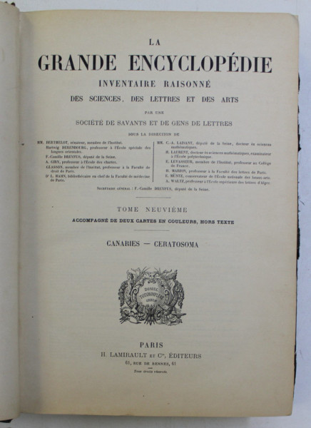 LA GRANDE ENCYCLOPEDIE , INVENTAIRE RAISONNE DES SCIENCES , DES LETTRES ET DES ARTS , CANARIES - CERATOSOMA , TOME NEUVIEME
