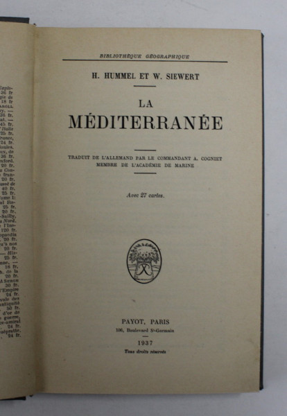 LA MEDITERRANEE par H. HUMMEL et W. SIEWERT , 1937