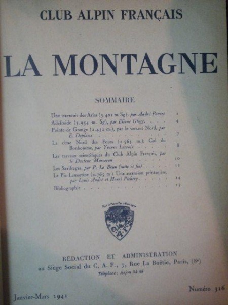 LA MONTAGNE, CLUB ALPIN FRANCAIS 1941-45