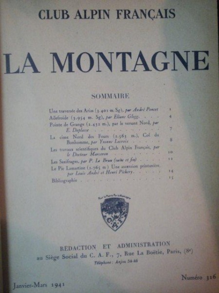 LA MONTAGNE, CLUB ALPIN FRANCAIS 1941-45