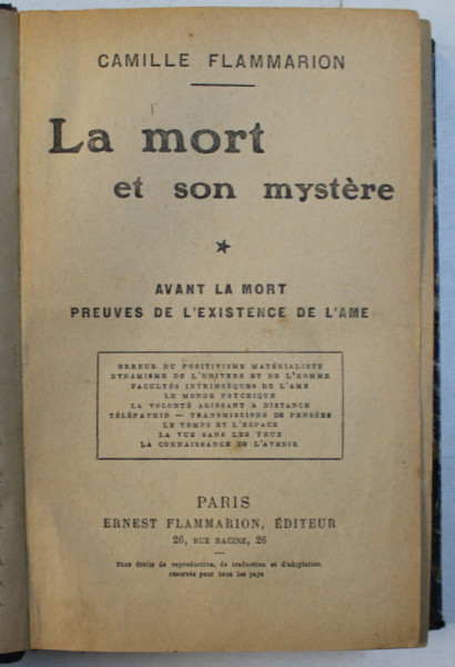 LA MORT ET SON MYSTERE par CAMILLE FLAMMARION , 1920