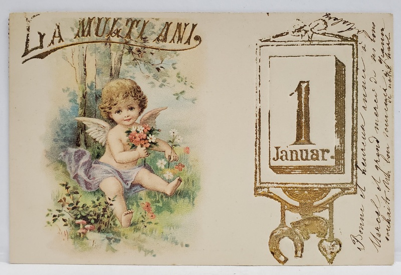 LA MULTI ANI , 1 IANUARIE , FELICITARE DE ANUL NOU , CROMOLITOGRAFIE , EMBOSATA , CARTE POSTALA ,  CLASICA