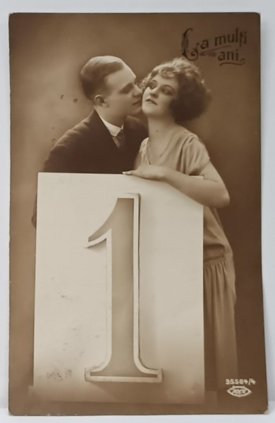 LA MULTI ANI ! CARTE POSTALA , FELICITARE DE ANUL NOU , CU UN CUPLU SI CIFRA 1 DIN CALENDAR , 1929