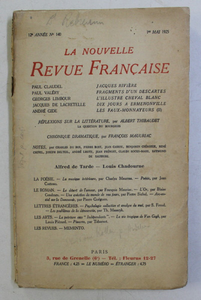 LA NOUVELLE REVUE FRANCAISE . 12 e ANNE , NO. 140 , 1 er MAI , 1925