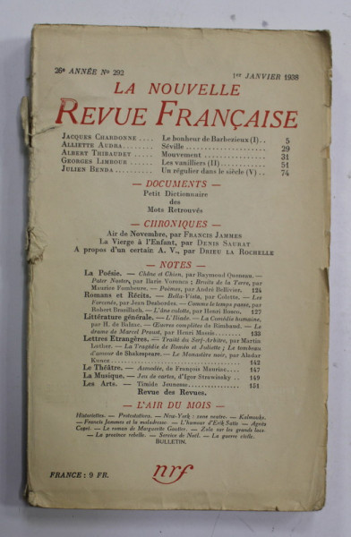 LA NOUVELLE REVUE FRANCAISE , 26e ANNEE , No. 292 , 1er  JANVIER ,  1938