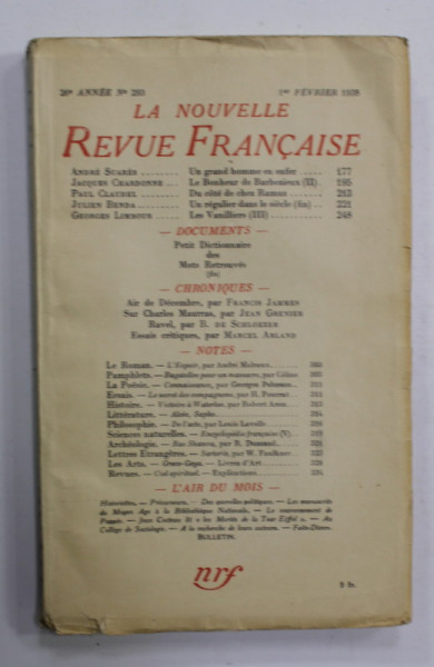 LA NOUVELLE REVUE FRANCAISE , 26e ANNEE , No. 293 , 1er  FEVRIER ,  1938