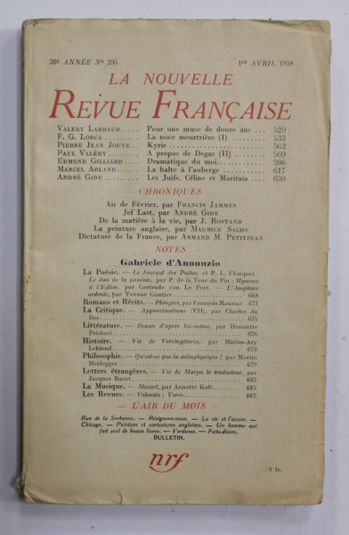 LA NOUVELLE REVUE FRANCAISE , 26e ANNEE , No. 295 , 1er AVRIL 1938