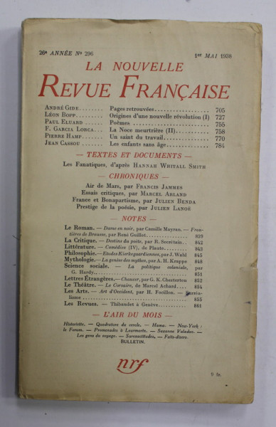 LA NOUVELLE REVUE FRANCAISE , 26e ANNEE , No. 296 , 1er MAI ,  1938