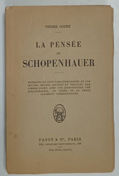 LA PENSEE DE SCHOPENHAUER par PIERRE GODET , 1918
