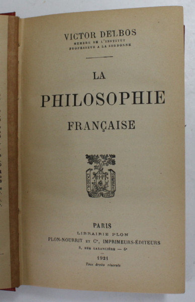 LA PHILOSOPHIE FRANCAISE par VICTOR DELBOS , 1921