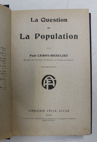 LA QUESTION DE LA POPULATION par PAUL LEROY BEAULIEU , 1913