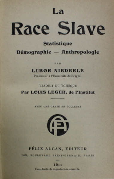 LA RACE SLAVE , STATISTIQUE , DEMOGRAPHIE , ANTHROPOLOGIE par LUBOR NIEDERLE , 1911