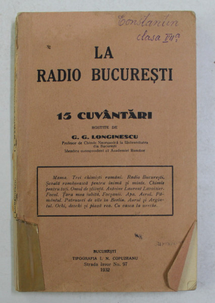 LA RADIO BUCURESTI - 15 CUVANTARI ROSTITE de G.G. LONGINESCU , 1932