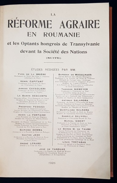 LA REFORME AGRAIRE EN ROUMANIE et les Optants hongrois de Transylvanie devant la Societe des Nations par Jose De Yanguas - Paris, 1928