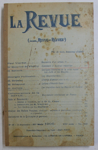 LA REVUE ( ANCIEN ' REVUE DES REVUES ' ) , NO . 18 , 15 SEPTEMBRE , 1906
