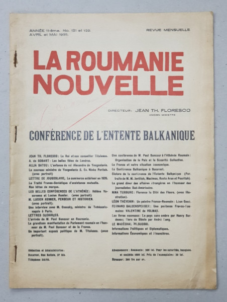 LA ROUMANIE NOUVELLE , directeur JEAN TH. FLORESCO , REVUE MENSUELLE , ANNE 11 - eme , NO. 121 ET 122 ,  AVRIL et MAI 1935