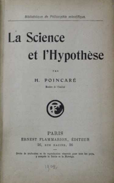 LA SCIENCE ET L 'HYPOTESE par H. POINCARE , 1902