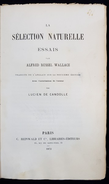 LA SELECTION NATURELLE, ESSAIS par ALFRED RUSSEL WALLACE - PARIS, 1872