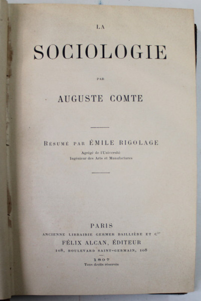 LA SOCIOLOGIE par AUGUSTE COMTE , 1897