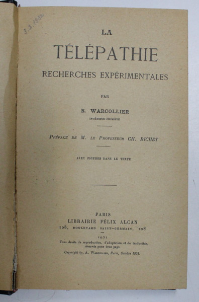 LA TELEPATHIE , RECHERCHES EXPERIMENTALES par R. WARCOLLIER  , 1921