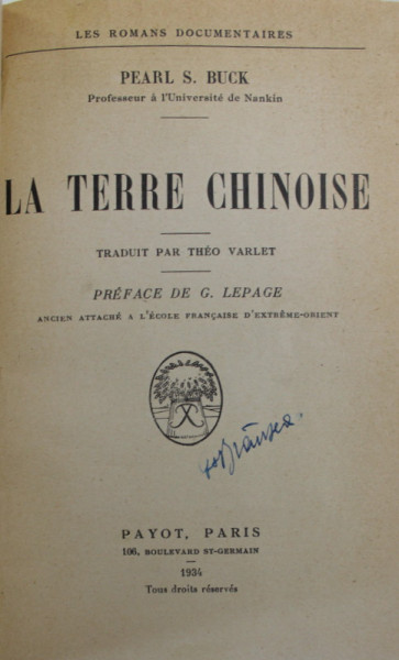 LA TERRE CHINOISE par PEARL S. BUCK , 1934