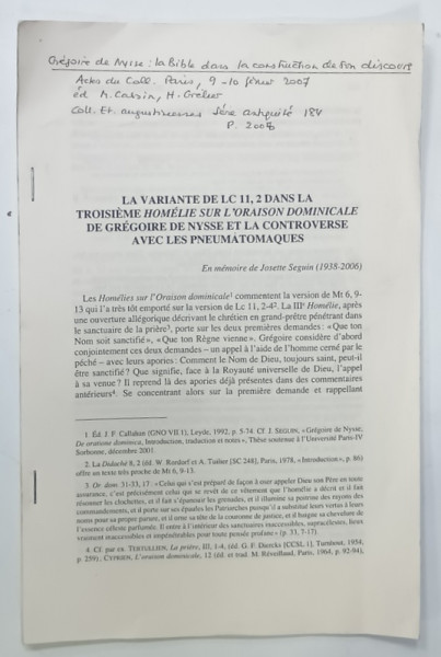 LA VARIANTE DE LC 11,2 DANS LA TROISIEME HOMELIE SUR L 'ORAISON DOMINICALE DE GREGOIRE DE NYSSE ....2007