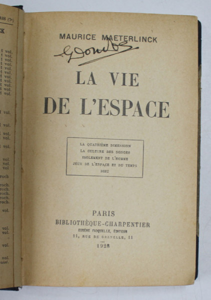 LA VIE DE L 'ESPACE par MAURICE MAETERLINCK , 1928