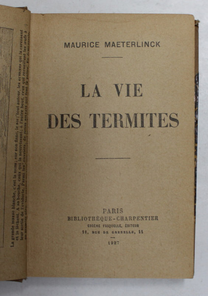 LA VIE DES TERMITES  par MAURICE MAETERLINCK , 1927