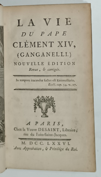 LA VIE DU PAPE CLEMENT XIV ( GANGANELLI )  , 1776