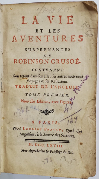 LA VIE ET LES AVENTURES SURPRENANTES DE ROBINSON CRUSOE par LAURENT PRAULT, 2 VOLUME - PARIS, 1768