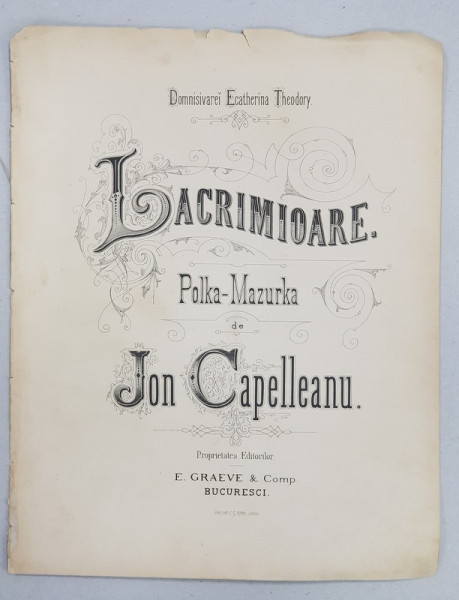 LACRIMIOARE - POLKA MAZURKA de JON CAPELLEANU , PARTITURA , CCA. 1900