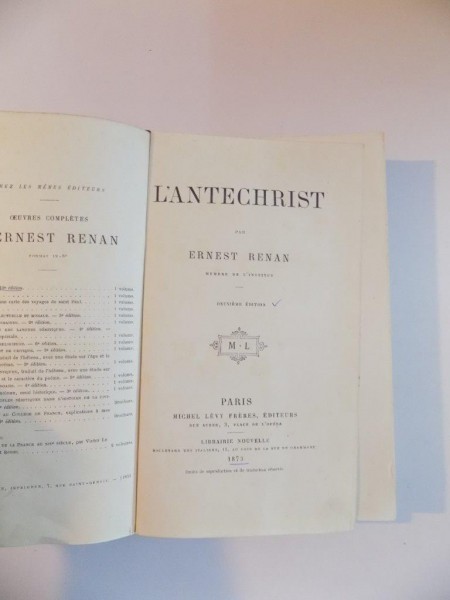 L'ANTECHRIST par ERNEST RENAN , DEUXIEME EDITION , 1873