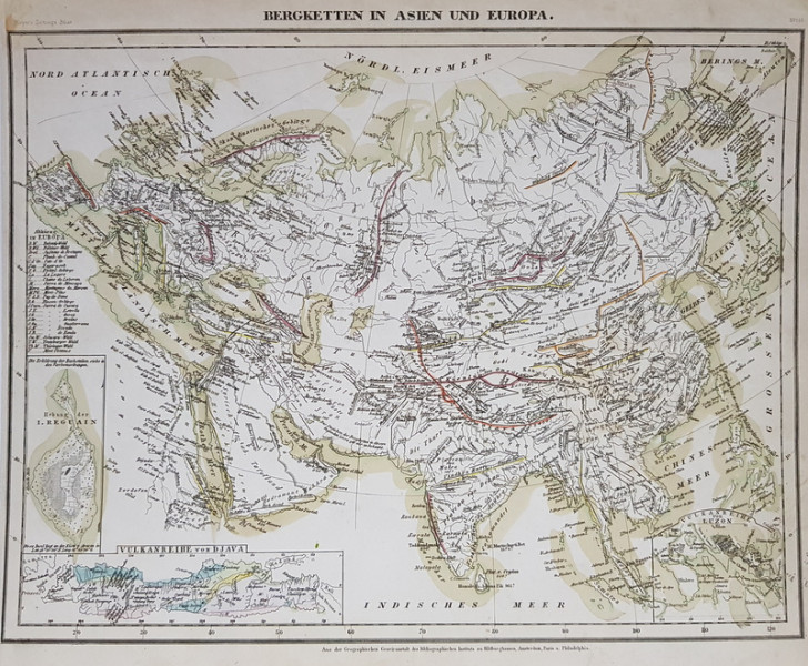 LANTURILE MUNTOASE IN ASIA SI EUROPA , HARTA CU TERMENII SI DENUMIRILE IN LIMBA GERMANA , MIJLOCUL SEC. XIX